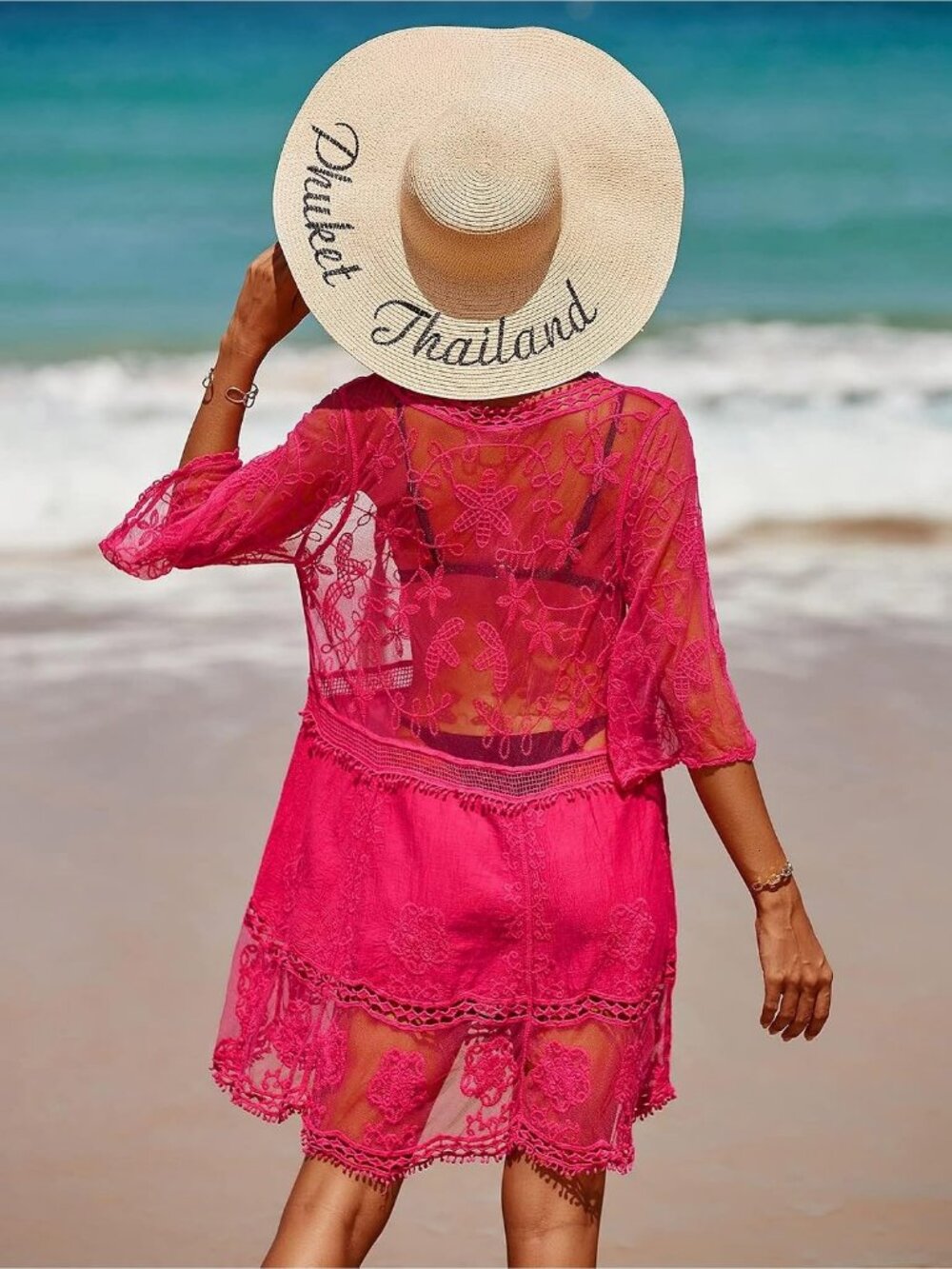 Women's Hot Pink Rayon V-Neck Coverup Mesh Lace Bathing Suit Swimsuit Coverup - Picture 6 of 6